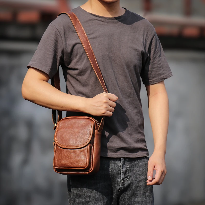 LUOKIR-Bolso cruzado de cuero auténtico para hombre, bandolera pequeña de piel de vaca, estilo Retro, informal, con personalidad, para iPad de 7,9