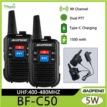 Baofeng BF-C50 Mini Walkie Talkie UHF Dual PTT 5W Kids Woki Toki Type-C Charging Children's Intercom HF Transceiver 1500mAh Ham Radio