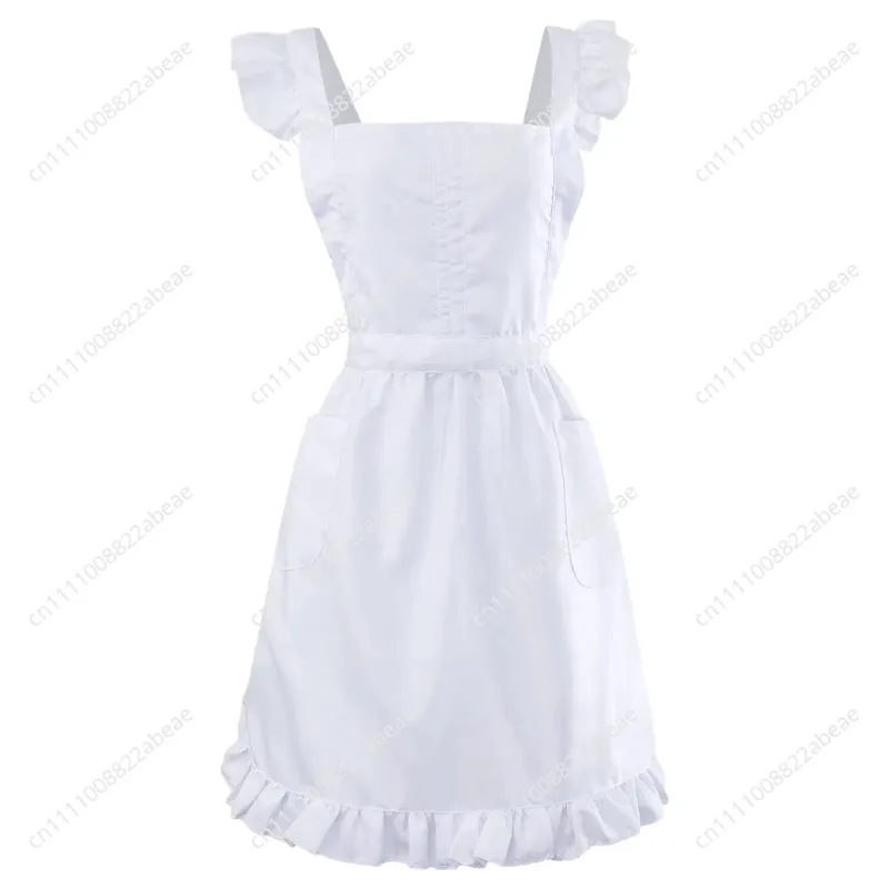aWomens Girls Ruffles Outline Retro White Apron with Pockets Adjustable Victorian Bib Maid Cosplay Kitchen Baking Costume