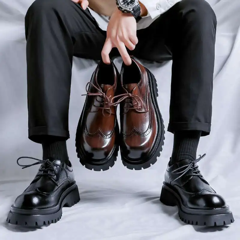 

Men's Genuine Leather Shoes Business Boots Brogue Height-increasing Shoes Wedding Shoes