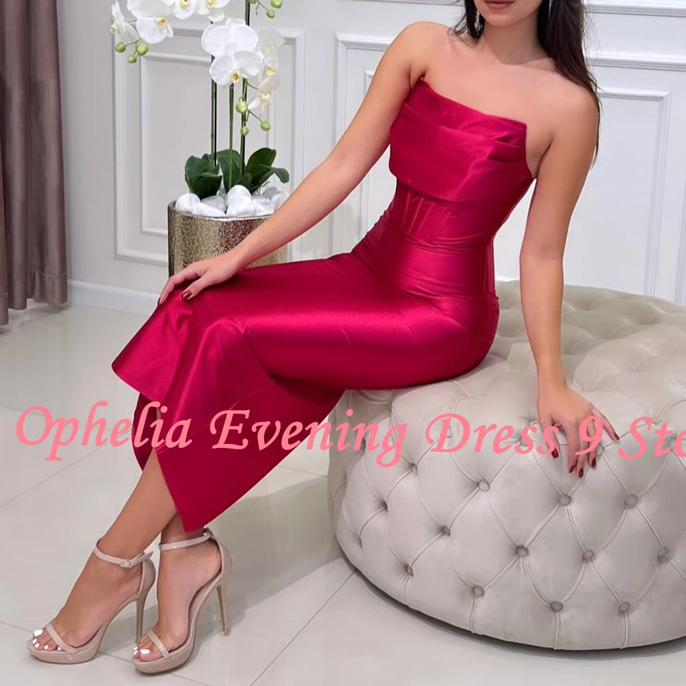 Customized Elegant Strapless Satin Sleeveless Evening Dress Modern Pleats Straight Tea Length Celebrity Gowns Vestido De Noche