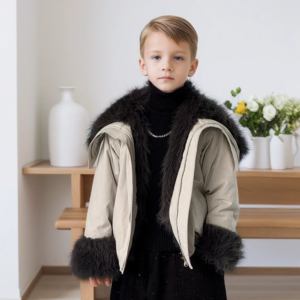 

Teen Boys Faux Fur Lined Jacket Winter Fashion Big Lapel Kids Coat Warm Thicken Plush Windproof Outerwear for Boy School Clothes