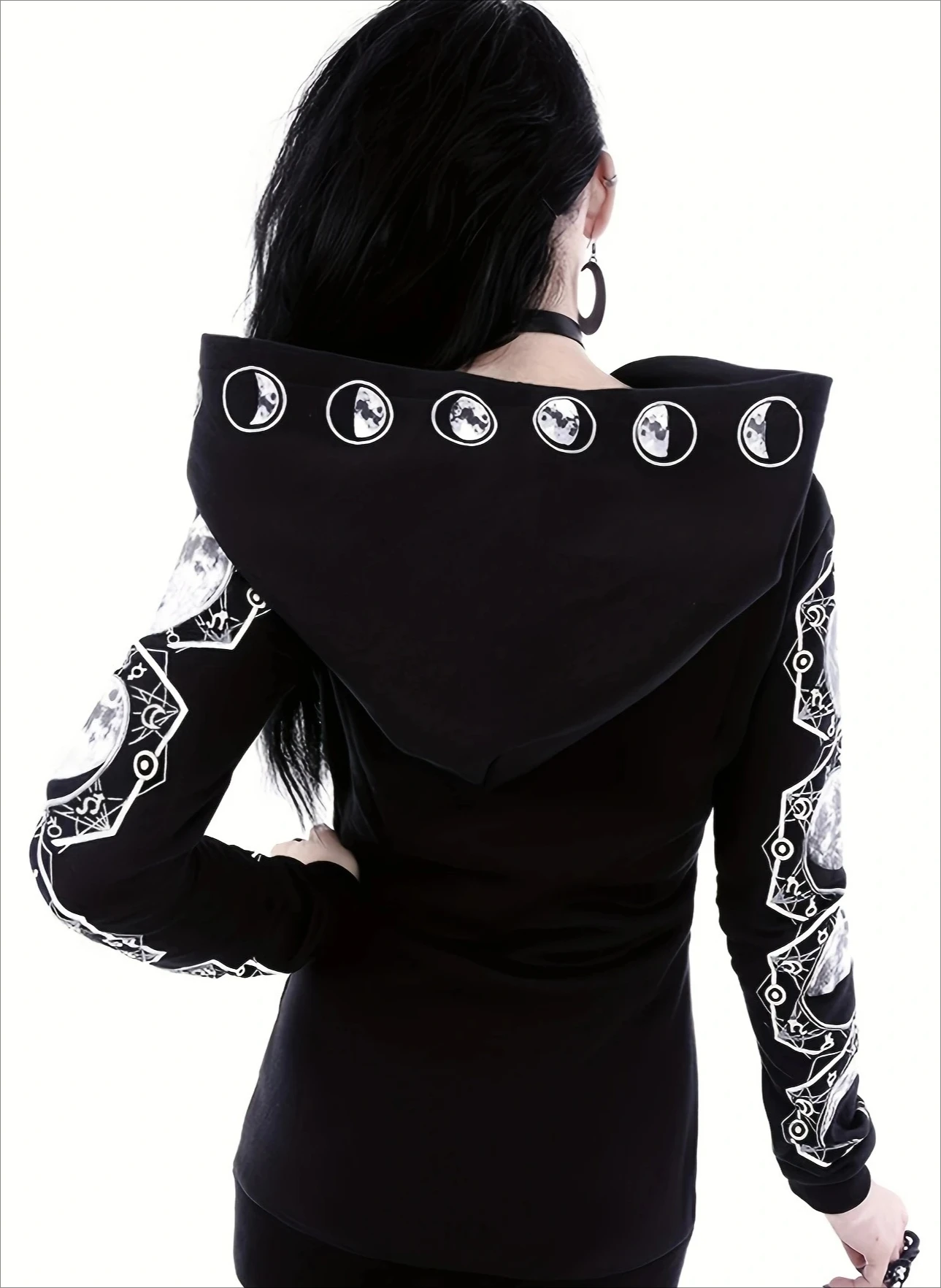 Y2K القوطية القمر الرمز البريدي هوديي المرأة كل موسم الجيب الأمامي مريح البوليستر مزيج نمط هندسي الشارع الشهير كم طويل