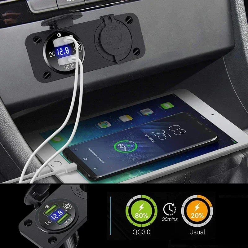 KEBIDUMEI 12V USB Socket Panel Quick Charge Outlet Cigarette Lighter Adapter with LED Voltmeter Touch Switch for Car RV Boat
