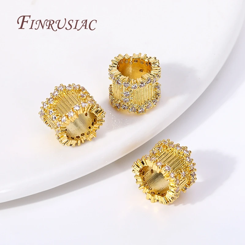 11X8MM 18K Gold Plated Barrel Shape Spacer Beads,Brass Metal Big Hole Cubic Zirconia Tube Beads,Loose Beads Separators Wholesale