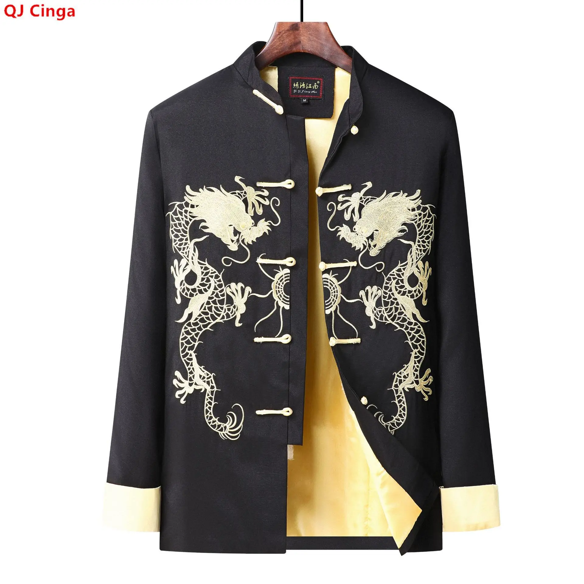 

Vintage-style Men's Long-sleeve Jacket with Gold Embroidered Chinese Dragon Design; Available in Black, Gray, Blue, and Red.