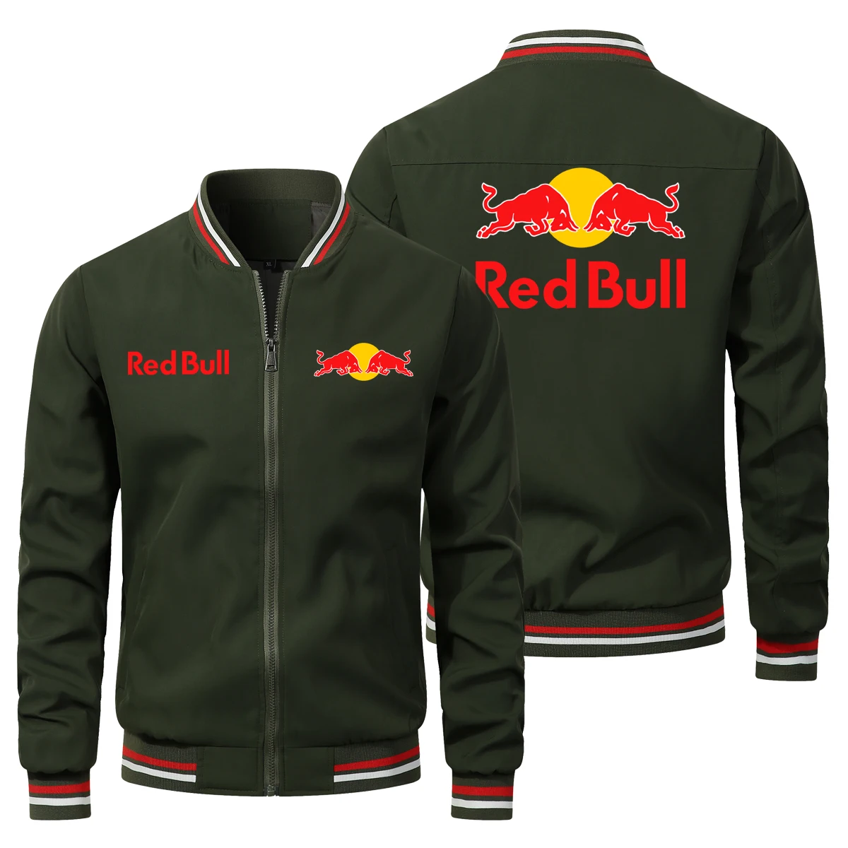 Chaqueta de moto informal de estilo retro para hombre con logo Red Bull, adecuada para carreras de motos, resistente al viento y con cremallera.