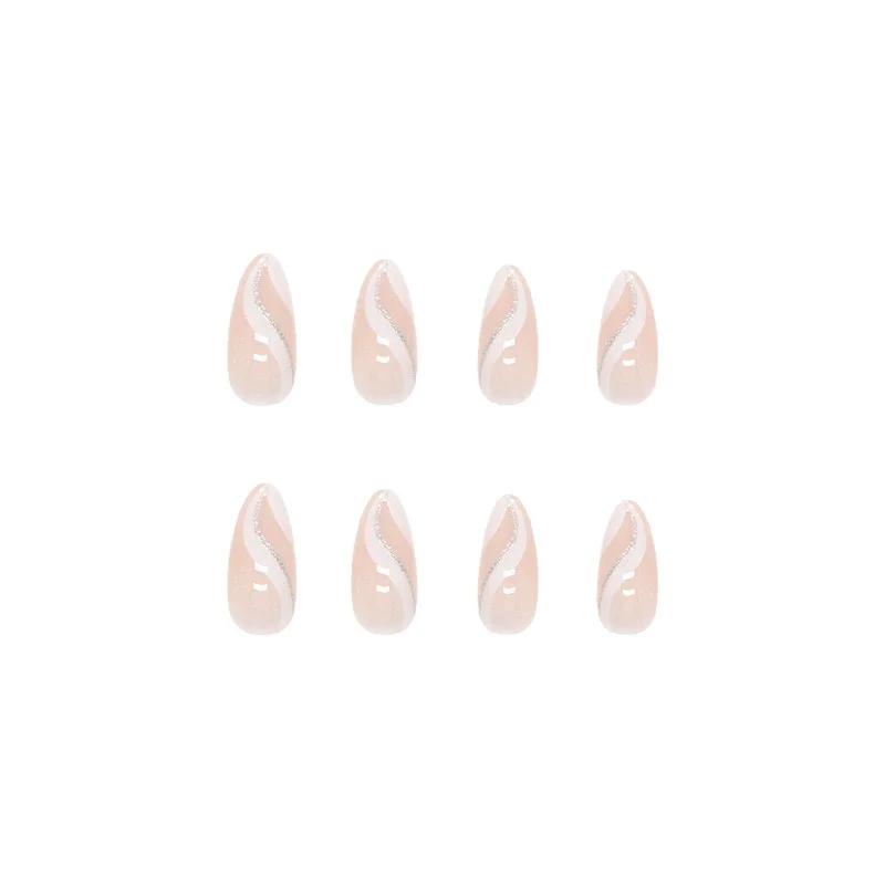 24pcs White Ripple Almonds False Nails Art for Gluing Cheap Acyrlic Artificial Press on Nails for Girls Fake Stick-on Nail Tips