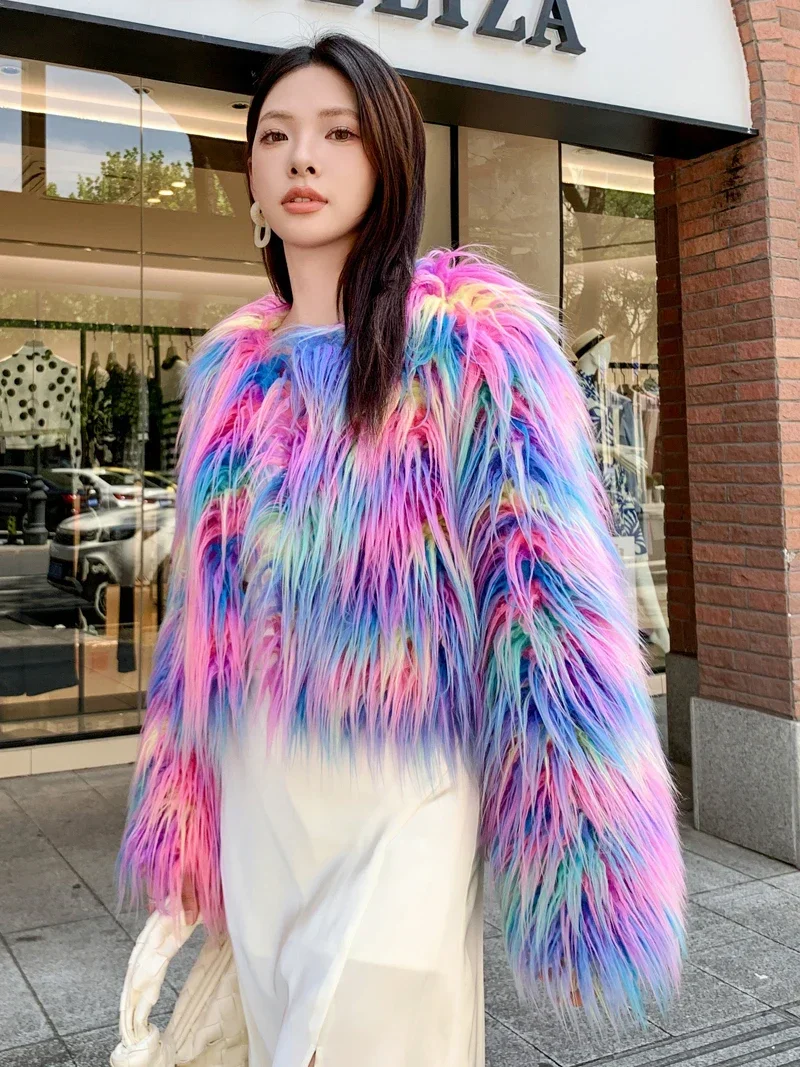 Autumn Winter New Popular Dream Purple Faux Fur Coat Women's Imitation Beach Sheep Woolen Short Colorful Long Sleeves Top Jacket