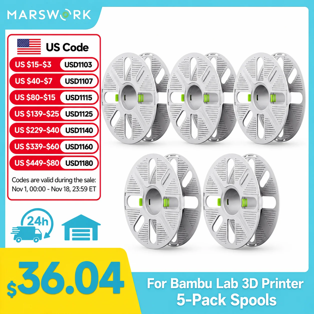 MarsWork Reusable Spool 4pcs Quick-Swap Fit Refill Filament for Bambu Lab 3D Printers Save Resources
