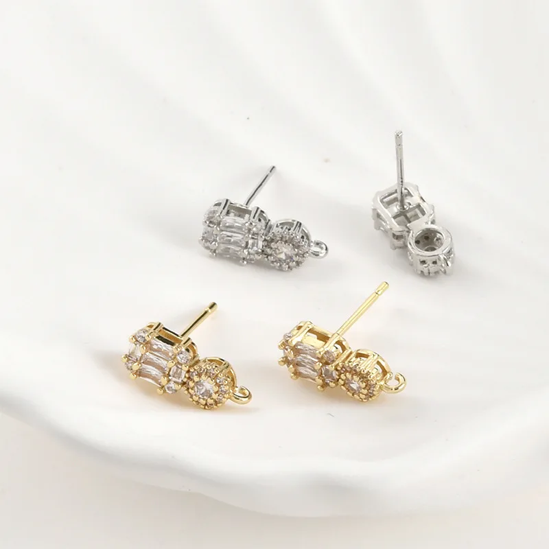 6pair 14x5mm DIY Jewelry Accessorie Square CZ Stud Earring Base with Loop Connector for Women Hanging on Pearls Earring Making