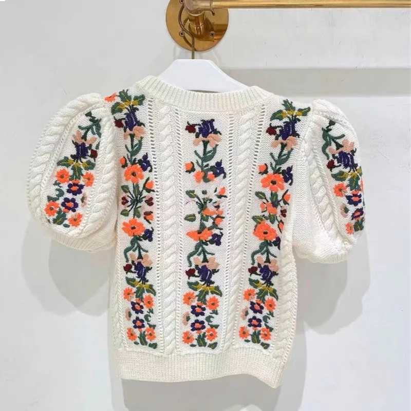 Flower Embroidery Short Sleeve Sweater Women Fashion Hollow Out Design O-Neck Slim Pullover Knitwear Crop Top 2023 Summer