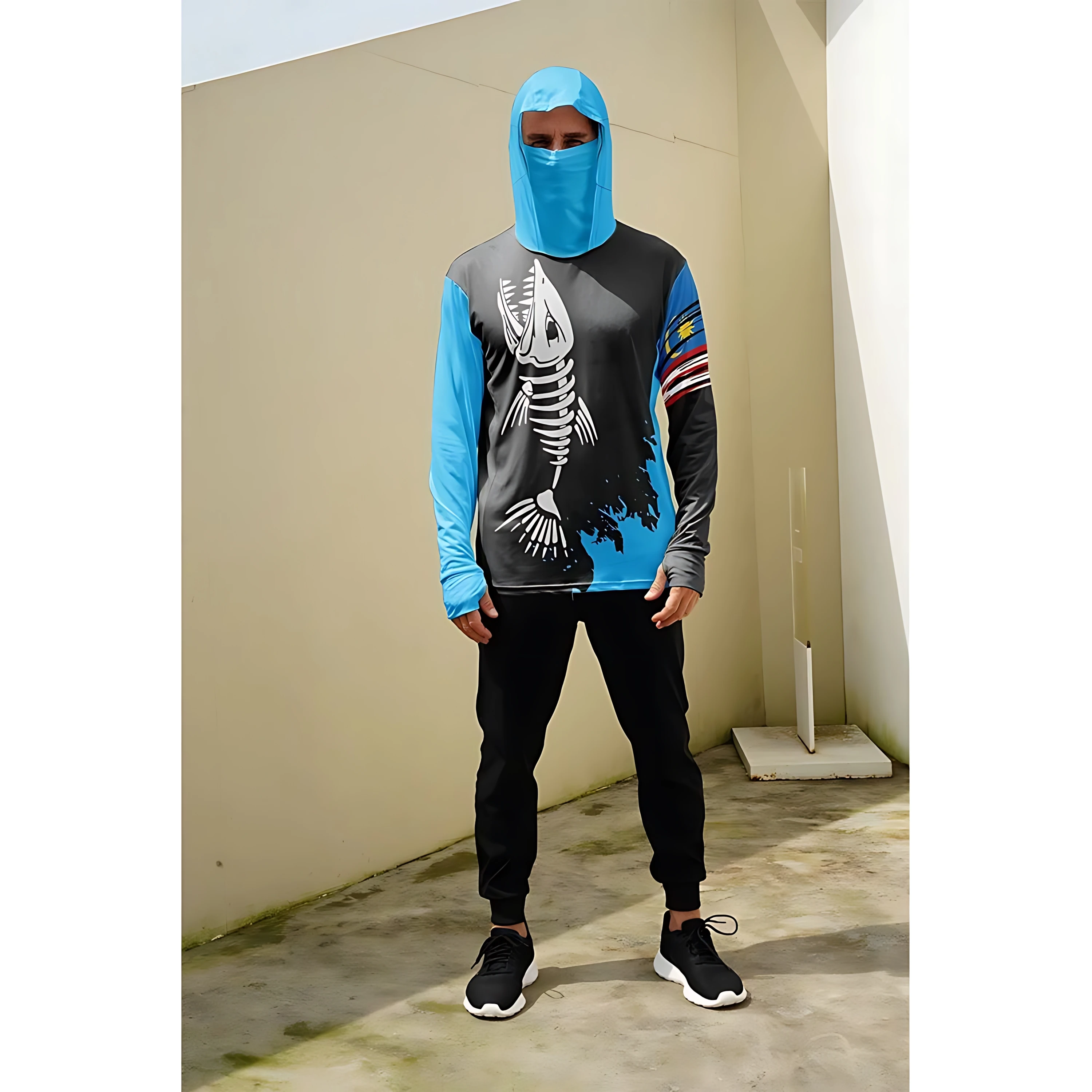 Men's long-sleeved T-shirt with sun protection hooded jacket protective mask one-piece outdoor long-sleeved top