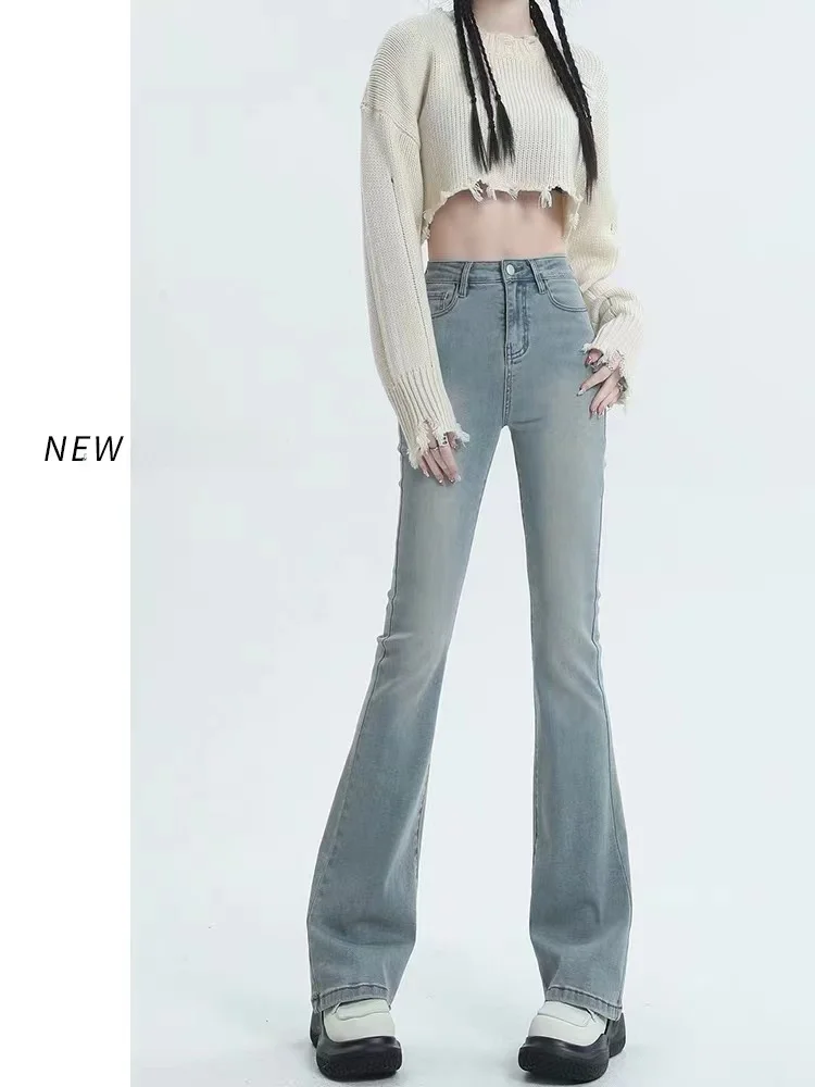 

Светло-голубые джинсы-клеш для женщин, весенне-осенние, с высокой талией, длинные, тонкие, облегающие, длиной в пол, из денима, утягивающие фигуру