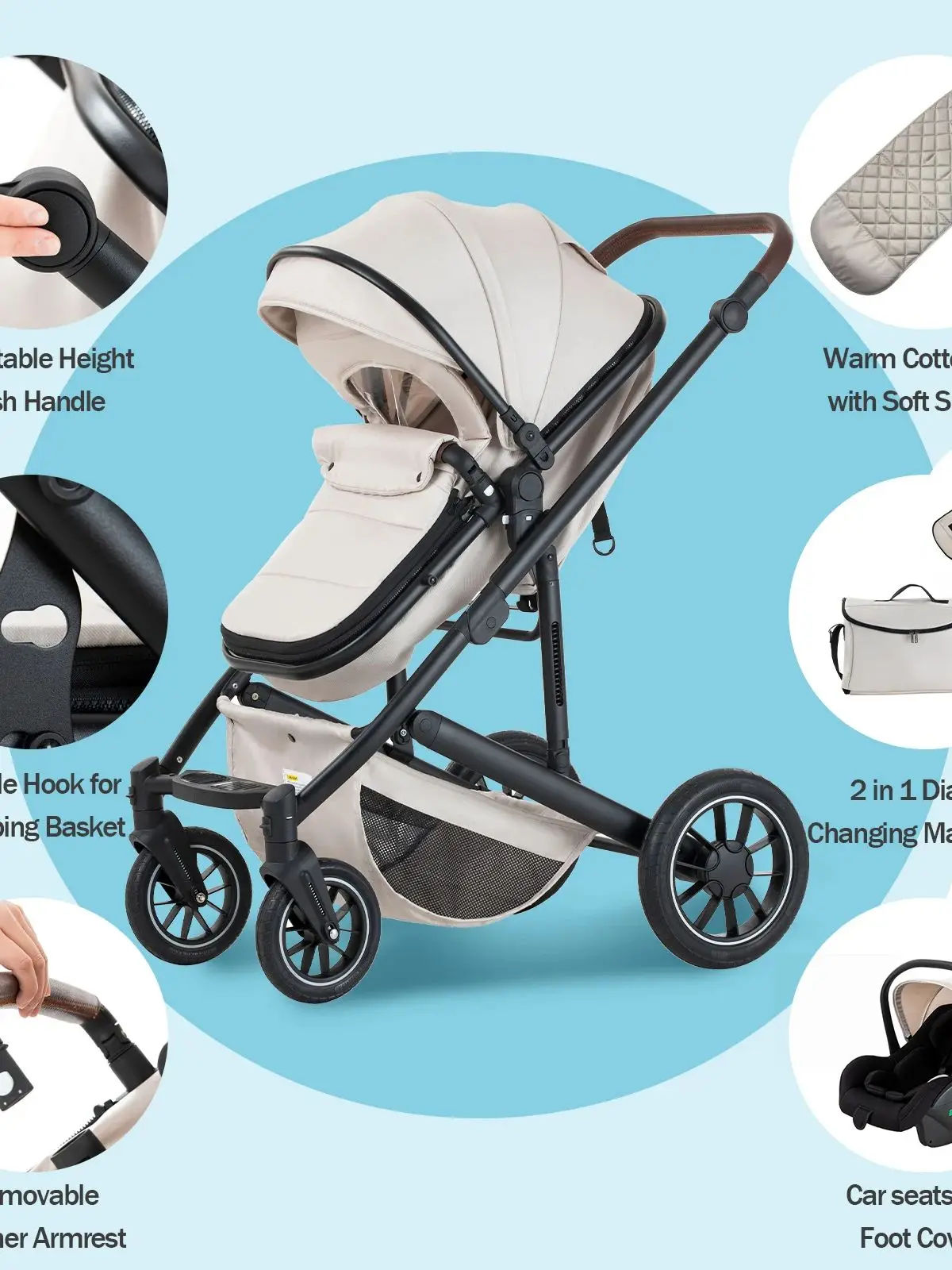 Luxuriöser 3-in-1 tragbarer Reise-Kinderwagen mit hohem Landschaftsaluminiumrahmen, faltbarer Kinderwagen für Neugeborene mit vier Rädern