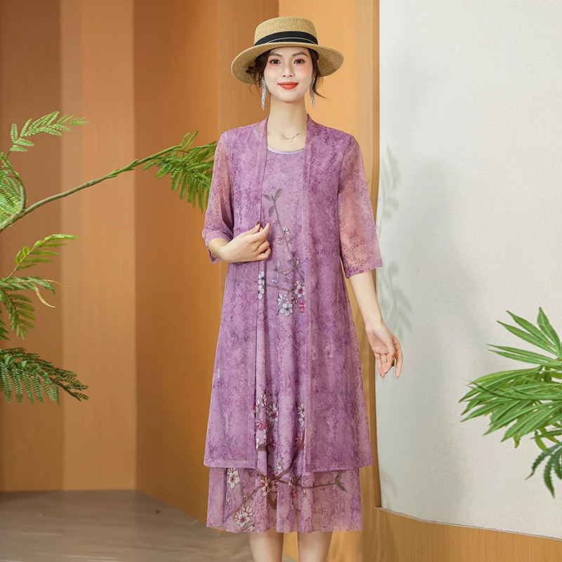 하이 엔드 여성 긴 쉬폰 드레스 봄 여름 인쇄 레이스 드레스 여성 우아한 가짜 투피스 드레스