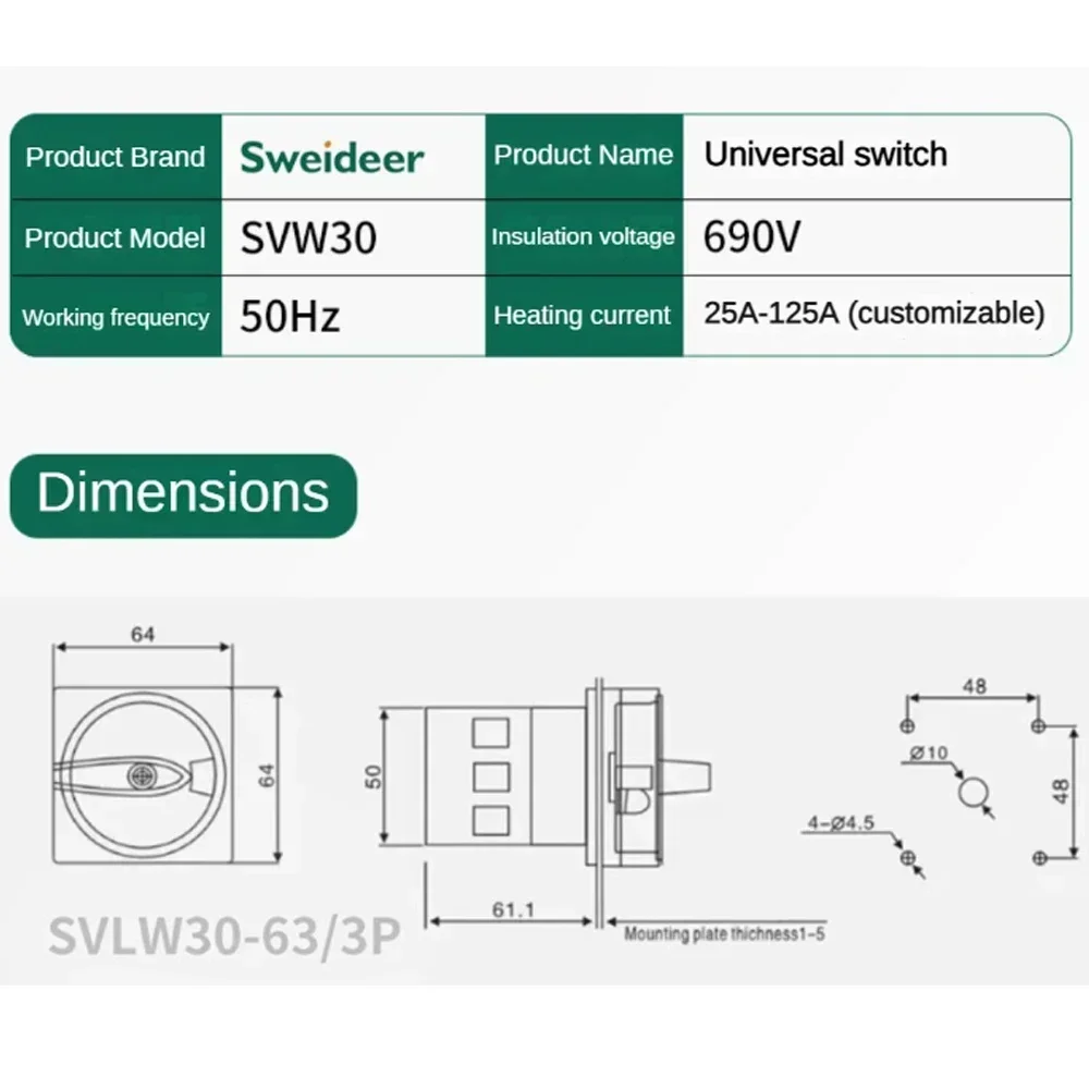 SVW30 Changeover Switch 3P 4P 690V 25/32/40/63/80/100A Padlock Disconnect Selector with ON-OFF Panel Power Control Replace LW30