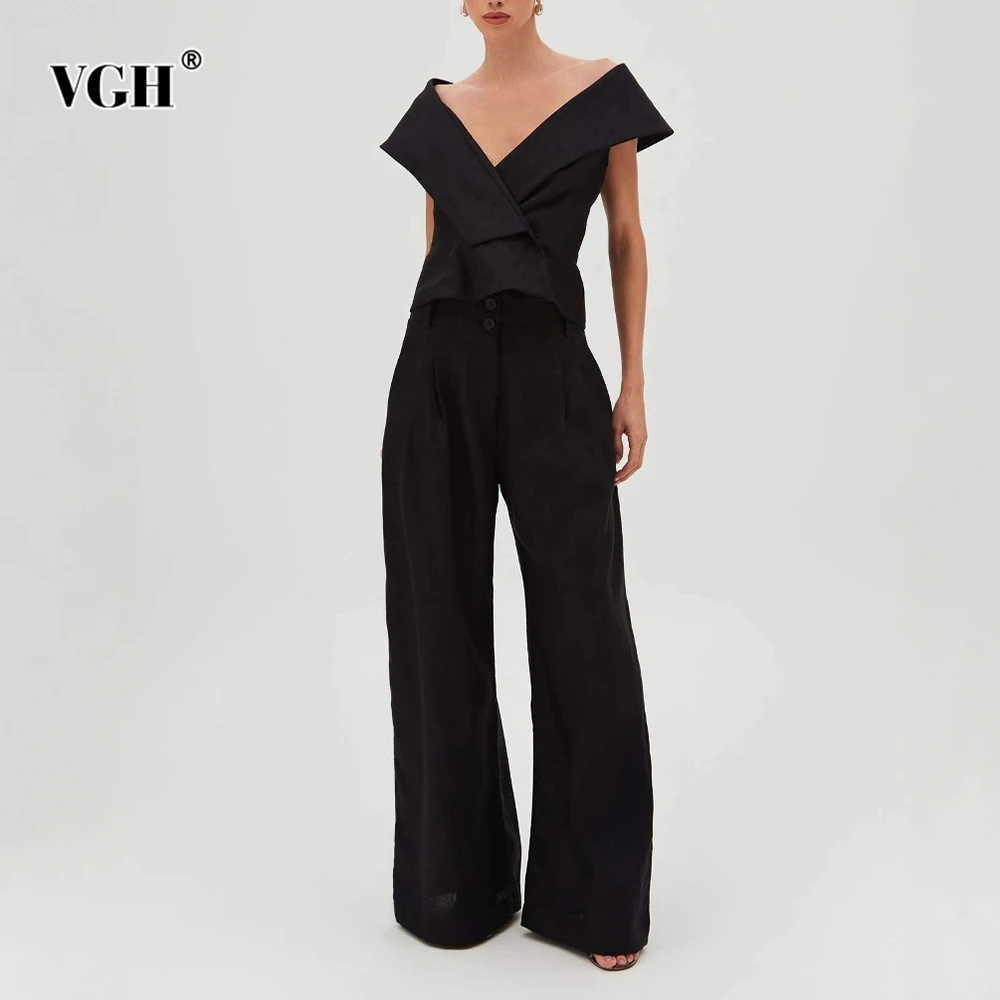 

VGH Темперамент Однотонные комплекты из двух предметов для женщин Топ без рукавов с v-образным вырезом Брюки с высокой талией Весенний повседневный комплект Женский модный стиль Новый