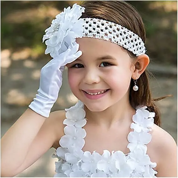 Kids Gloves White Stretchy Princess Birthday Party Photo Dance Performance Child Size Soft Fabric Lightweight Daily Comfy Cute