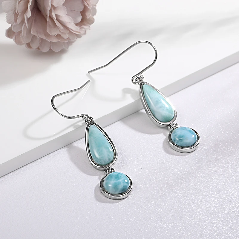 New Fashion Geometry Streamlined Long 925 Sterling Silver Jewelry Girl Natural Precious Larimar Earrings Women