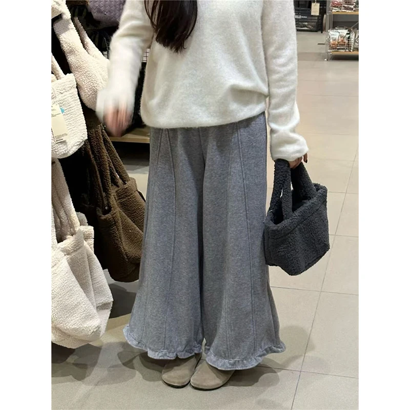 Kawaii الصوفية بنطال ذو قصة أرجل واسعة النساء موضة الشارع الشهير الكشكشة الصوف السراويل الفضفاضة الشتاء اليابانية لطيف عادية مستقيم بنطلون