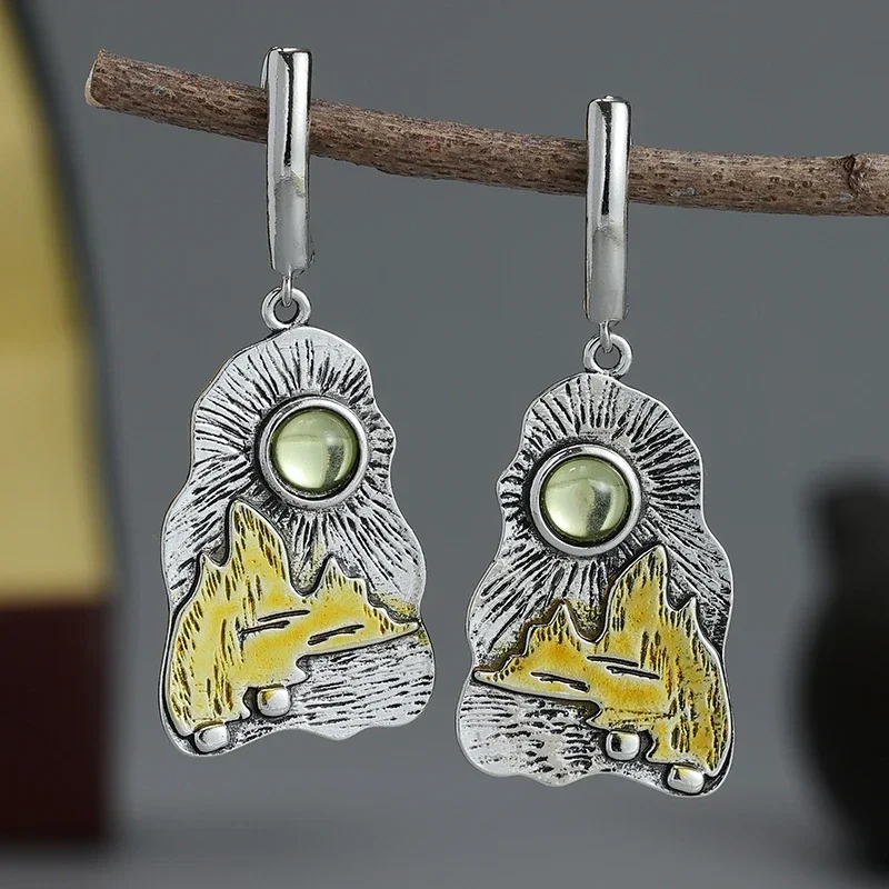 Retro Fashion Inlaid Synthetic Stone Carving Mountains And Rivers Sun Ladies Earrings Jewelry Gifts
