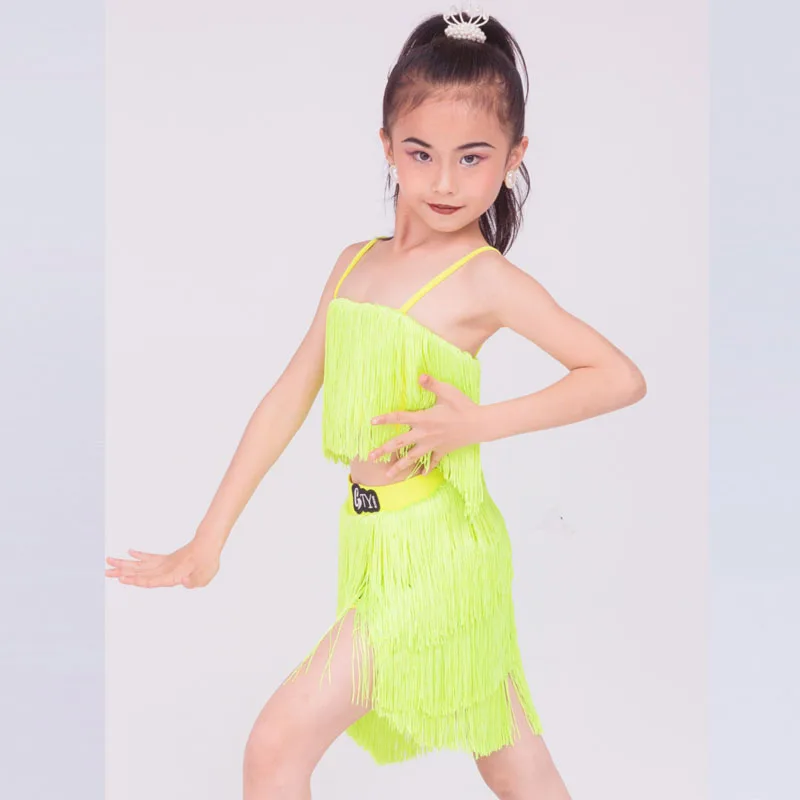 Traje de baile latino de gama alta para niña, traje de rendimiento de entrenamiento con borla y tirantes, Conjunto dividido, novedad de verano, 2023