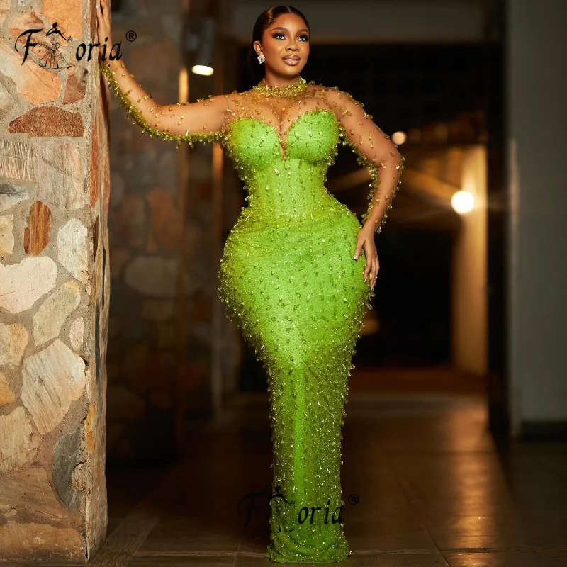 Elegant Full Crystals Tassel Mermaid Formal Evening Dreses Green Aso Ebi Fringe Prom Dress Party Gown Wedding Dress Femme Soiree