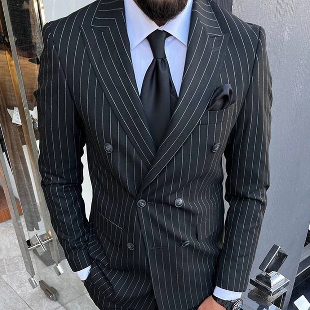 High Quality Black Stripe Men\'s Suits Peak Lapel Double Breasted Male Clothing Prom Party Elegant Wedding 2 Piece Jacket Pants