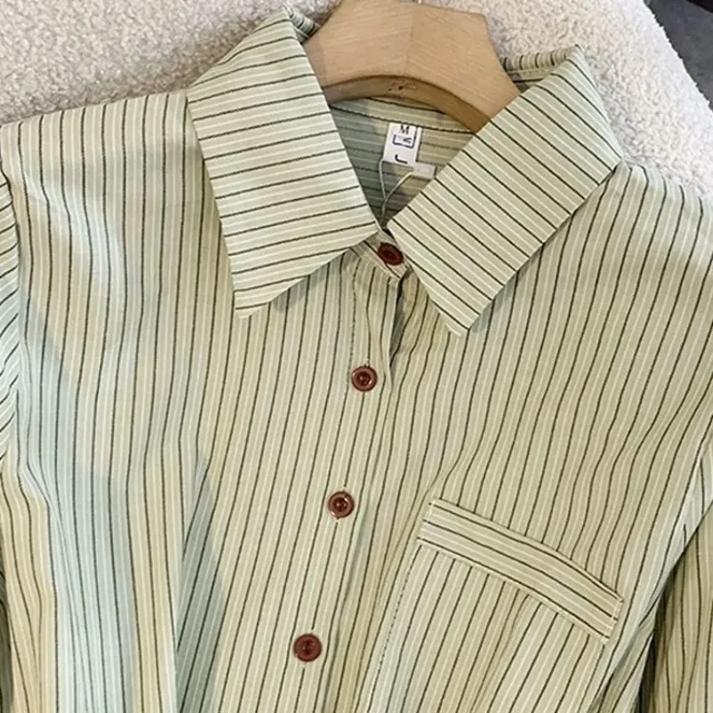 Women's Light Green Striped Shirt Casual Button Down Collar Blouse with Chest Pocket view 3
