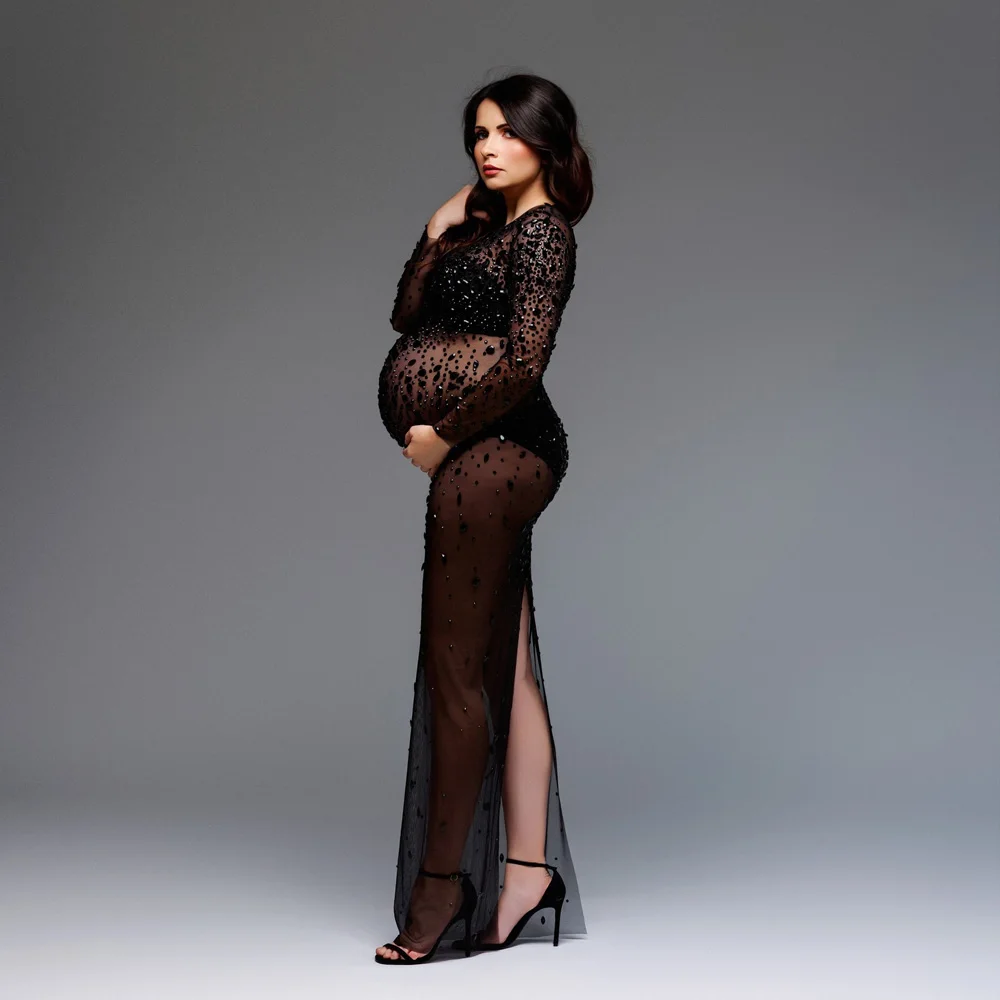 Elegant Fashion Rhinestone Pregnant Women Dress Sexy Perspective Elastic Mesh Slim Fit Dress Photography Dress For Maternity