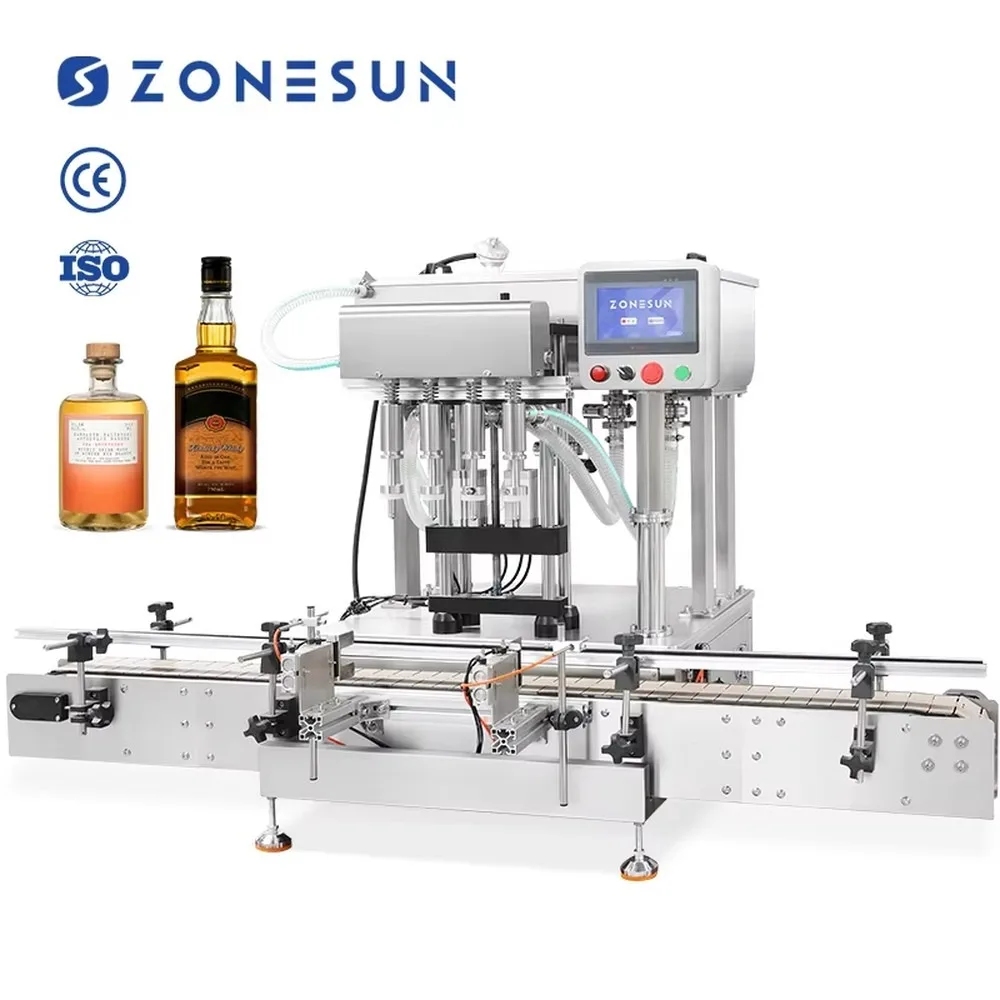 ZONESUN ZS-DTGZ400 Tabletop Automatic Liquid 4 Heads Whisky Spirit Wine Bottle Gravity Siphon Overflow Filling Machine