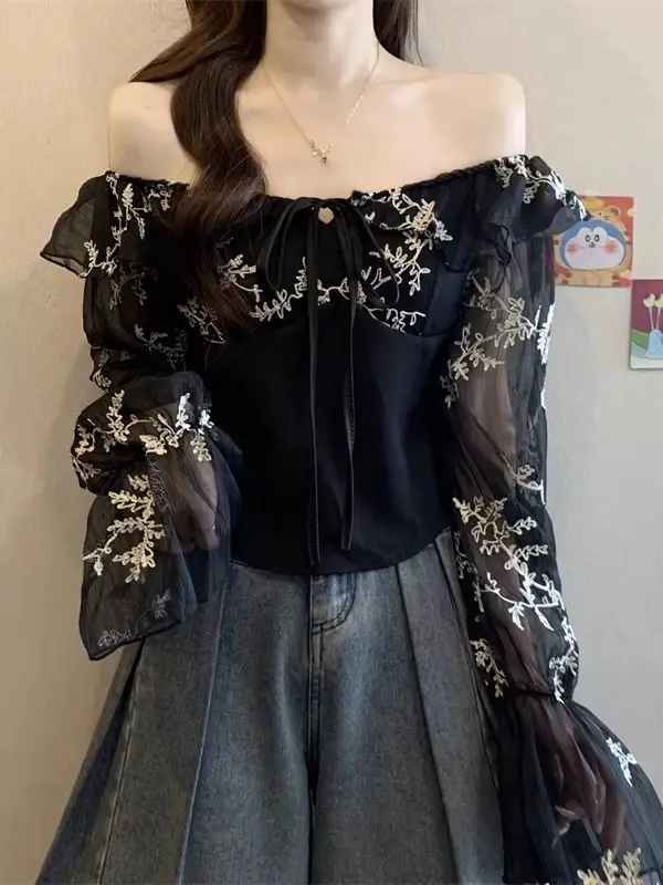 

Long Sleeve Lace Shirt Women's Floral Embroidery Belt Design Short Style Autumn Winter New Fashion Slim Fit Casual Top
