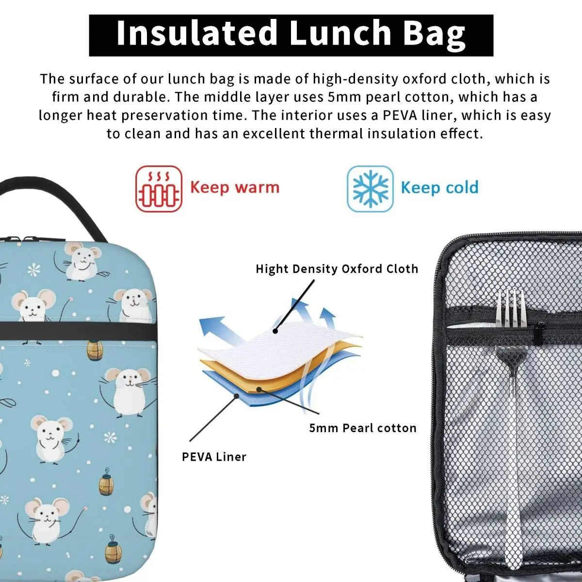 Cute Mouse Seamless Insulated Lunch Bag for Women Kids Portable Food Boxes Thermal Lunch Box Tote