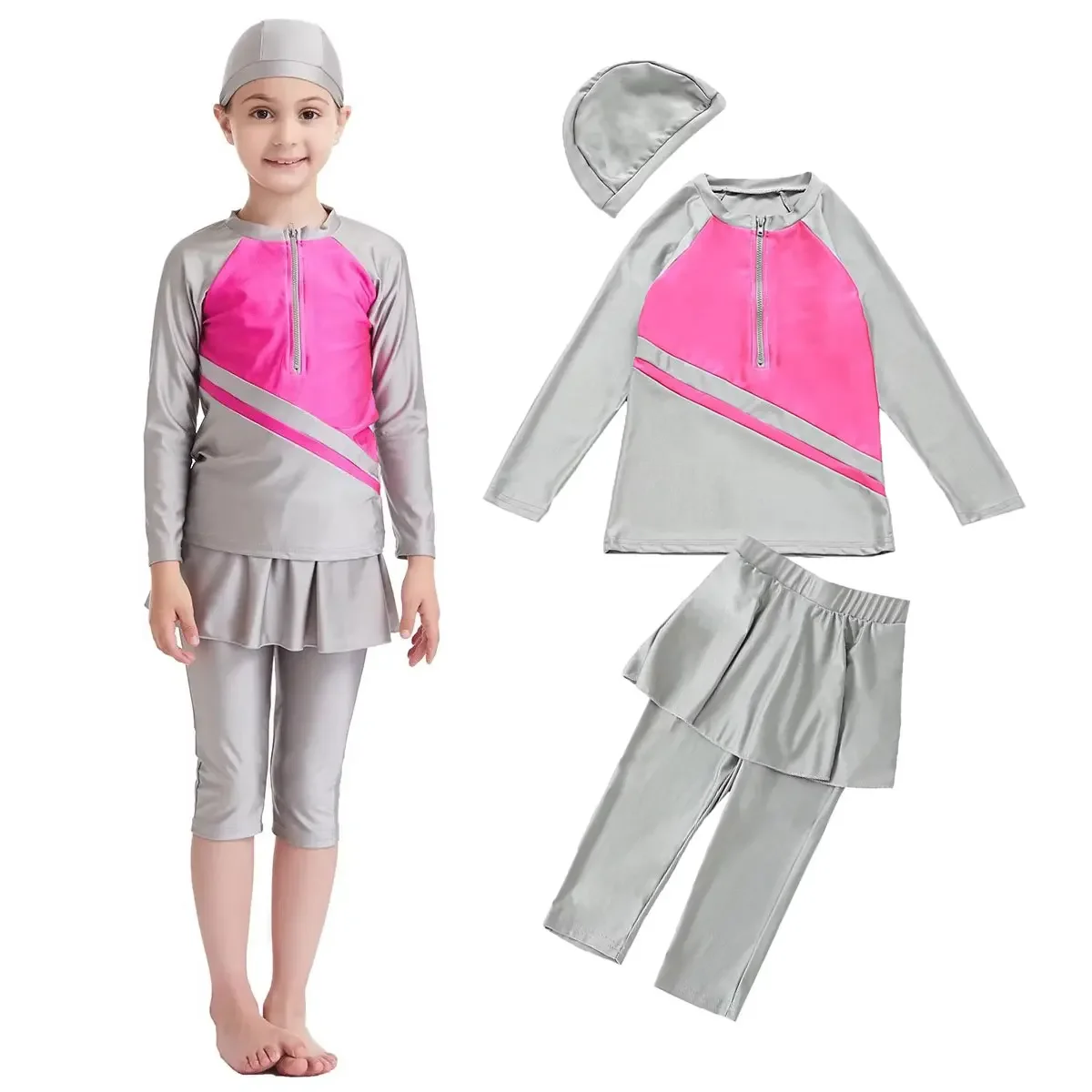 

3-16Y Girls Sporty Islamic Muslim Swimwear Burkini Capri Pants With Skirt Contrast Color Quick Dry 3pcs/set Outfits for Children