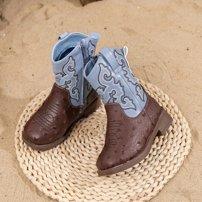 Kids Western Cowboy Boots Embroidered Two-tone Fashion Leather Short Boots Side Zipper Non-slip Footwear for Toddler Boys Girls