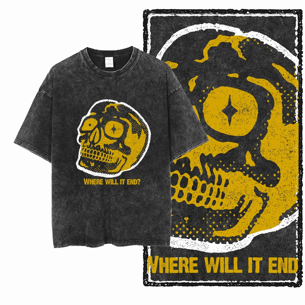 

New Skeleton Gothic Graphic Unisex Washed T Shirt Cool Vintage Hip Hop Teenager Streetwear Men Women Cotton Tshirts Leisure Tees