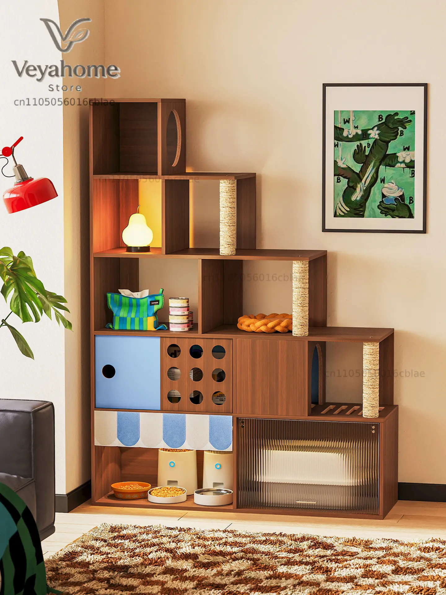 Meishi Three-in-One Cat Climbing Frame, Cat Canteen, Toilet, Pet Shared Furniture, Vintage Style, Small Cat Bed Villa,