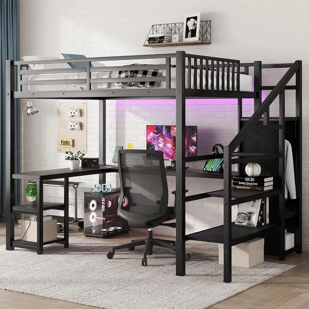 

Full-Size Loft Bed with Desk, Storage Stairs, Wardrobe, Shelves, LED Lights, and USB Charging for Kids, Teens, Adults in Black