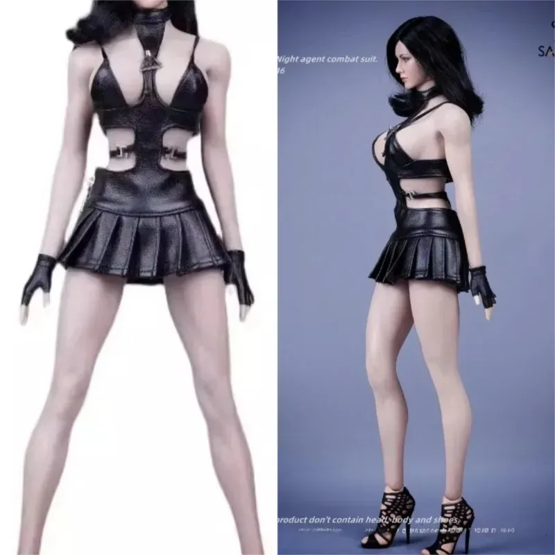 haut-de-soldat-feminin-jupe-plissee-cuir-pu-noir-agent-de-nuit-modele-coulissant-pour-figurine-d'action-de-12-pouces-poupee-a-gros-seins-echelle-1-6