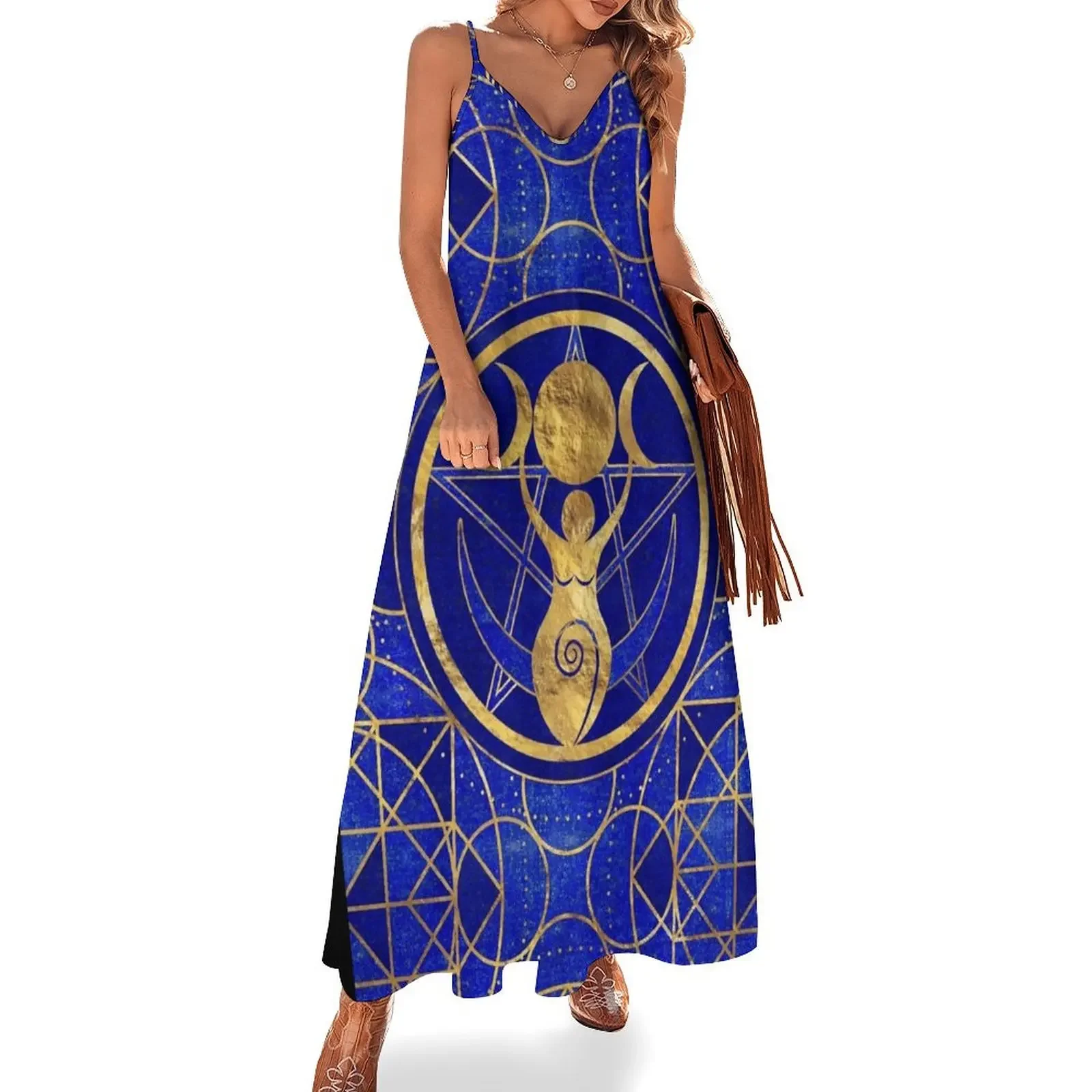 Triple Moon - Goddess -Lapis Lazuli and Gold Sleeveless Dress long dresses for women dresses with long sleeves