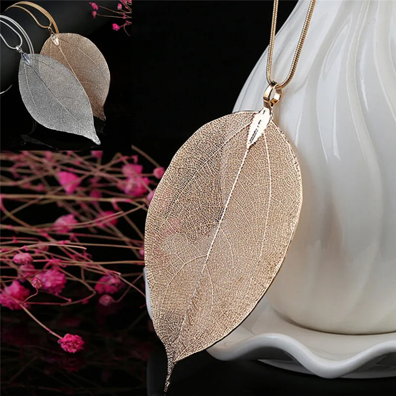 Fashion True Natural Real Leaves Leaf Pendant Necklace Long Sweater Snake Chain For Women Jewelry Gift