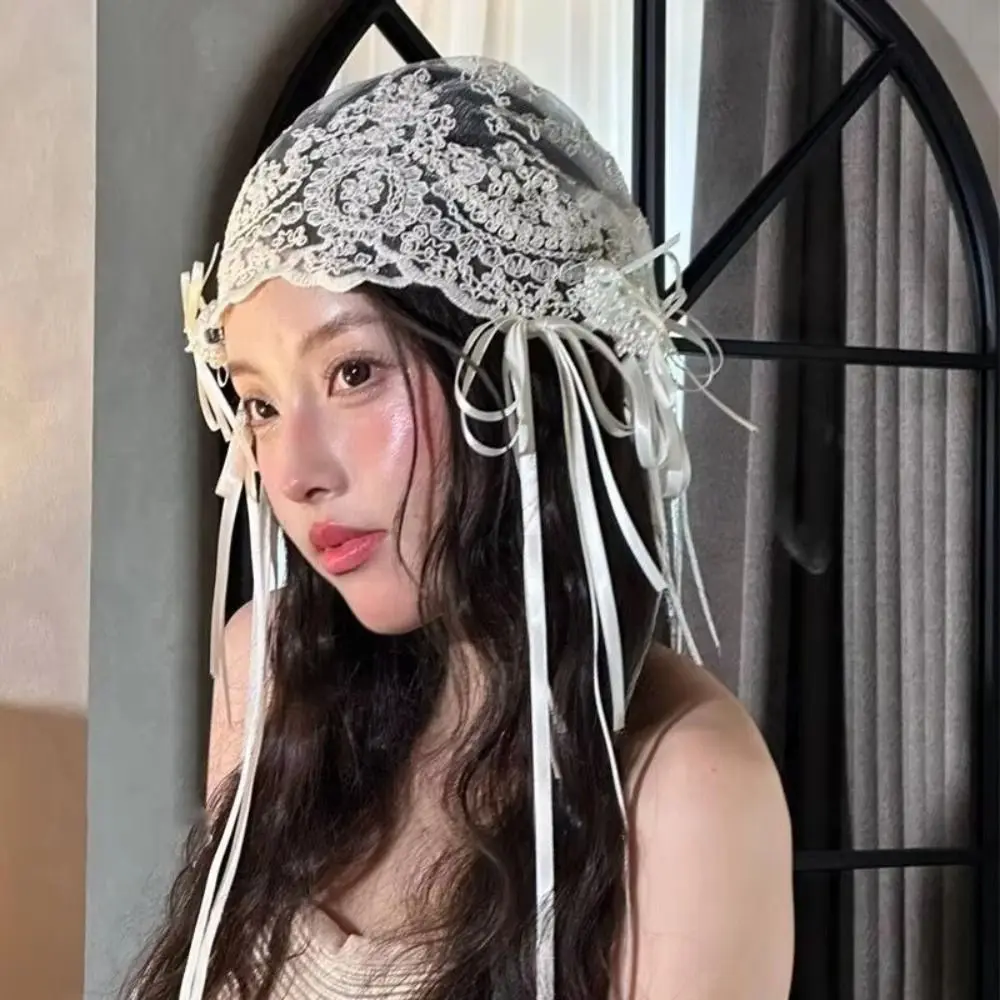 French Lace Bridal Headband Embroidered Bow Ribbon Bridal Headpiece Full Lace Vintage Wedding Hair Accessories Formal Gathering