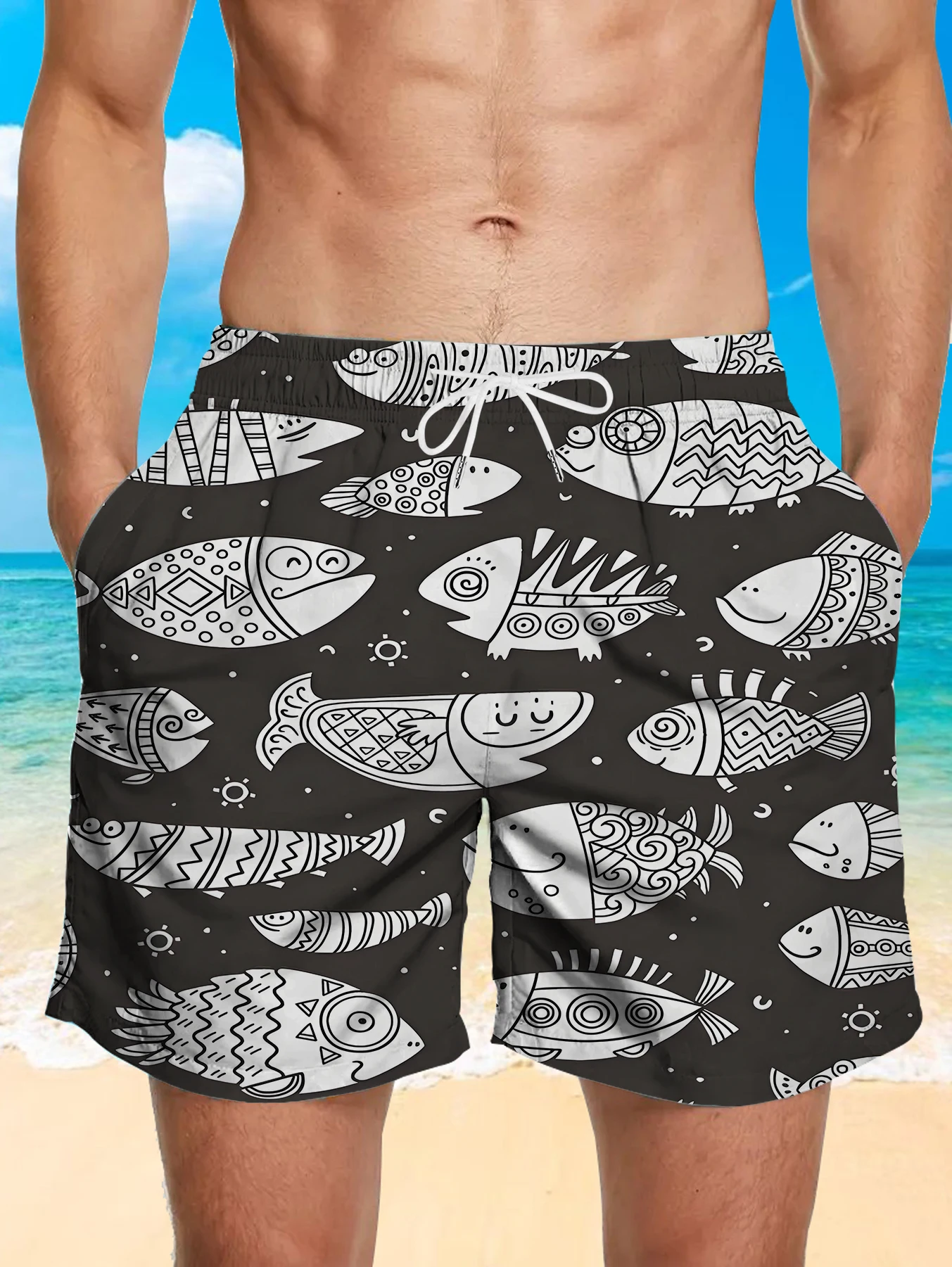

Streetwear Full Print Digital Shorts Male Elastic Waist Quick Dry Polyester Trunks