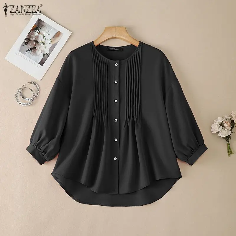 Woman 3/4 Lantern Sleeves High-Low Shirts Summer O-Neck Pintuck Button Up Chemises Femme ZANZEA Casual Office Work Solid Tops
