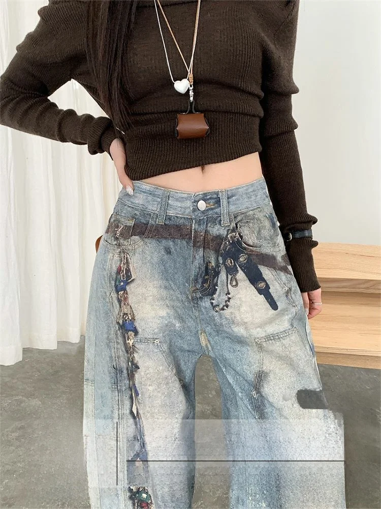 

American Style Retro High Street Printed Washed Straight Leg Jeans Women Summer New Slimming Loose Floor-Length Trousers
