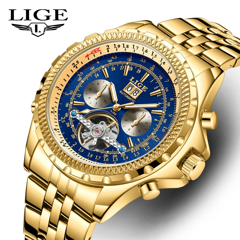 LIGE Stainless Steel Tourbillon Watches Top Brand Watch for Men Luxury Automatic Mechanical Watch Waterproof Date Men Wristwatch