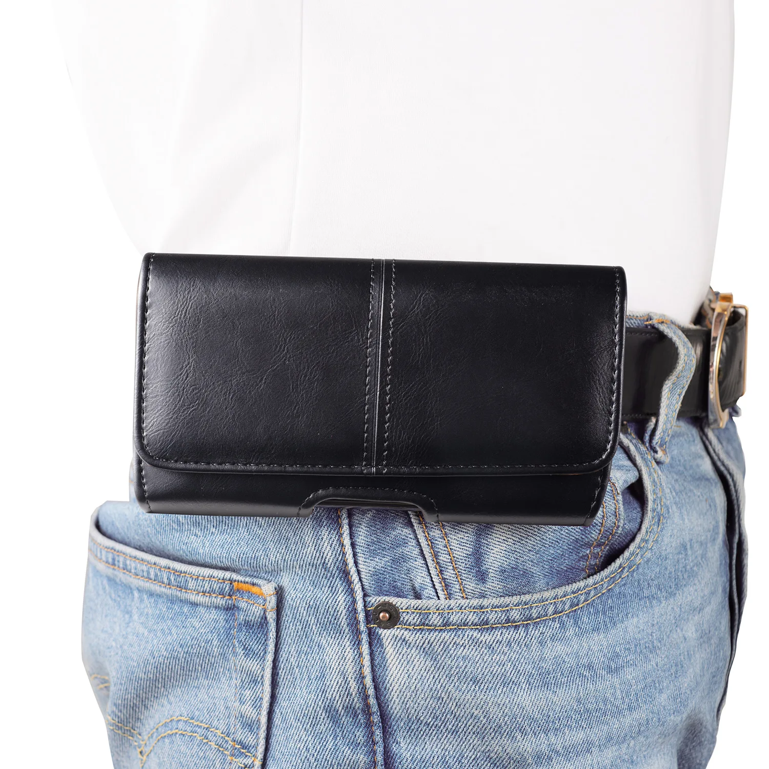 

PU leather mobile phone storage waist bag, belt worn around the waist, outdoor work horizontal functional waist bag
