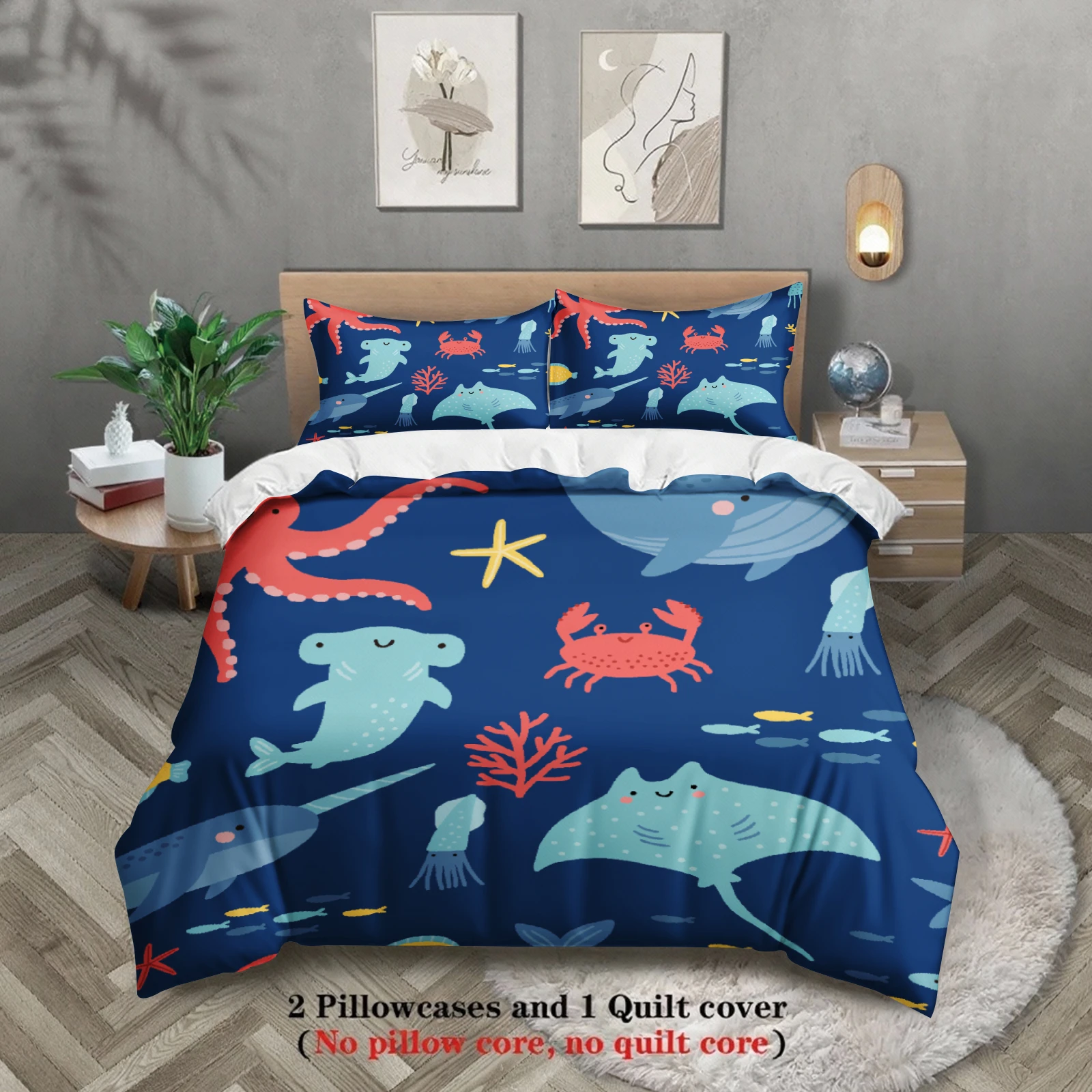 3pcs Ocean Animal Bedding Sets Twin Queen King Full Size 3D Printed Sea Creatures Pattern Duvet Cover Sets With 2 Pillowcases
