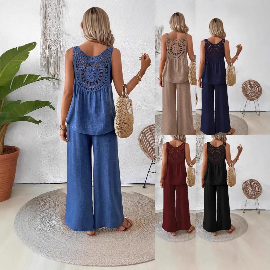 Women's Duya Ba Hollow Lace Wide Leg Pants Set Long Pants Splice Pure Color Tee-piece Set Svel Simple Sle Adult